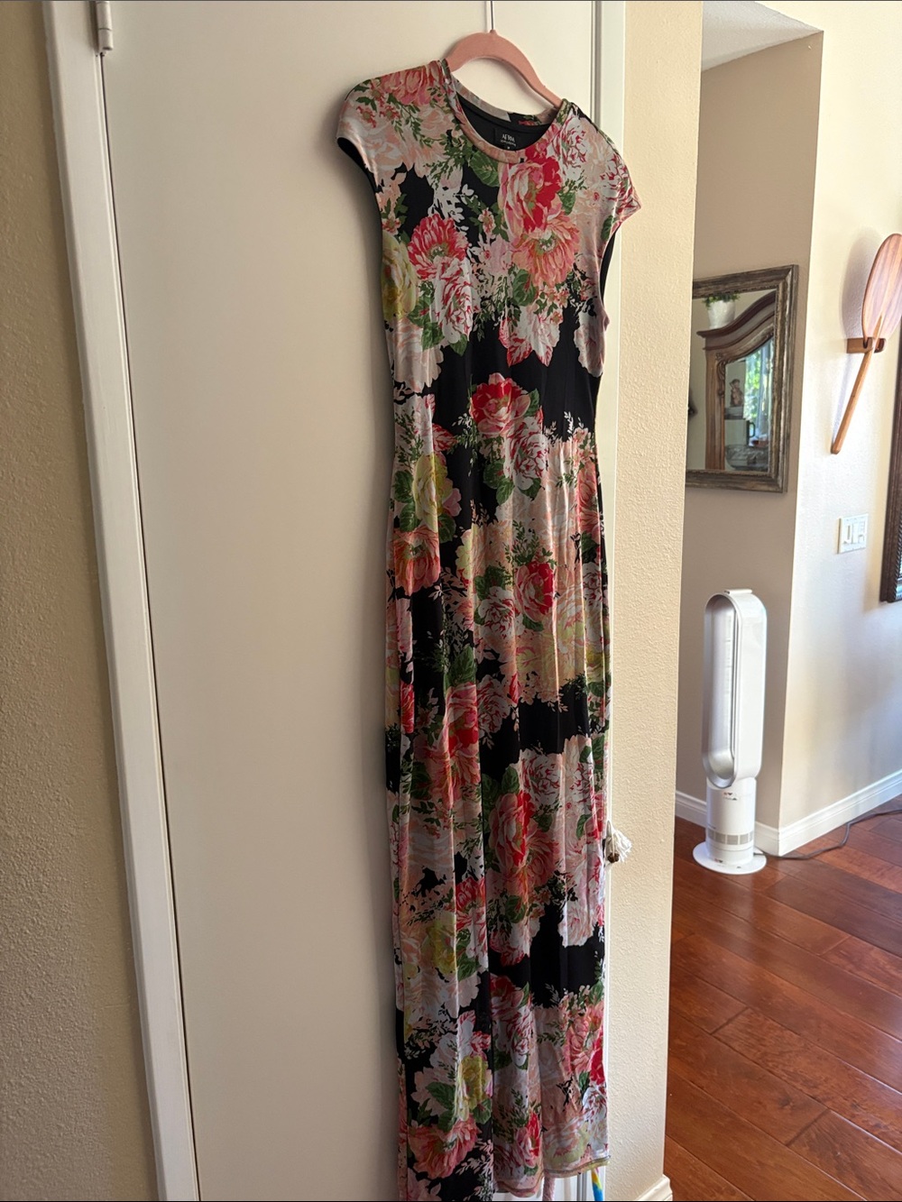 AFRM Black Floral Maxi Dress with Pink and Green Blooms